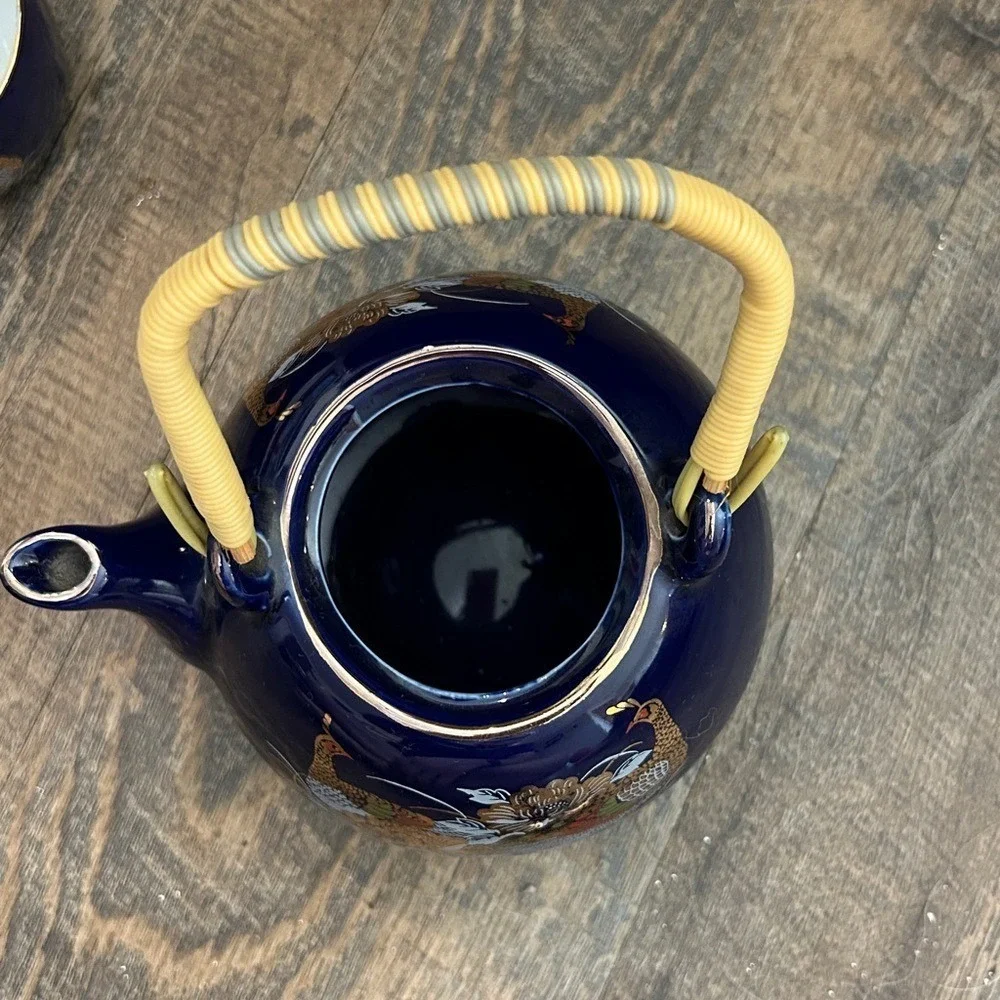 Vintage Blue Asian Porcelain Teapot/Lid Wrapped Handle Gold Pheasant 3 Cups
